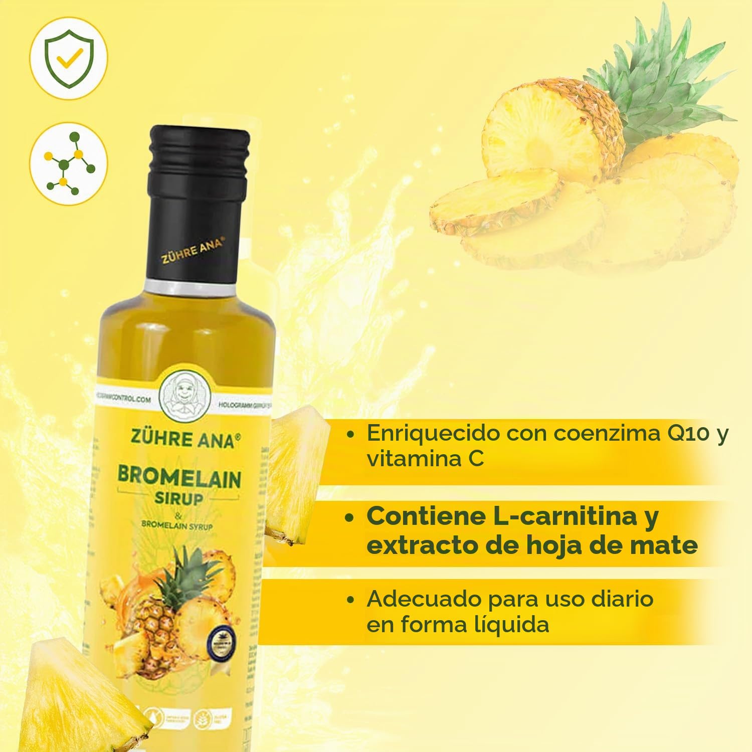 Zühre Ana Jarabe de Bromelina - Coenzima Q10 - Extracto natural de piña - Soporte natural - Acelera la pérdida de peso - Ayuda a eliminar líquidos en casos de edema - Vegano (2x250ml)