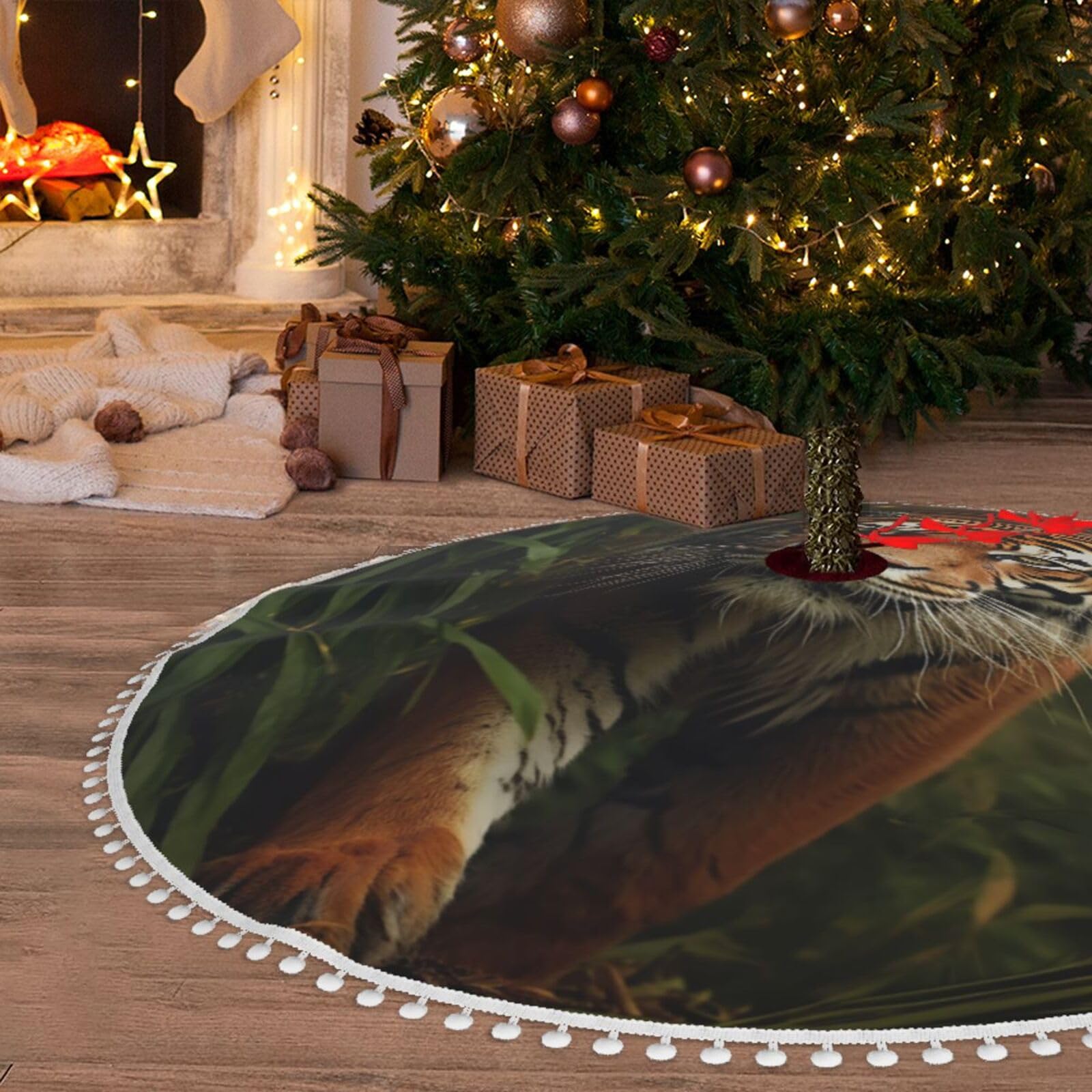 Jupe de sapin de Noël originale à pompons et imprimé exotique jungle pour fête