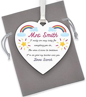 Lockdown Teacher Gifts - PERSONALISED Rainbow Teacher Appreciation Gifts - Lockdown Thank You Gifts for Teaching Assistant, Key Worker, Nursery - Rainbow Teacher Thank You Plaque Gifts - With Grey Bag