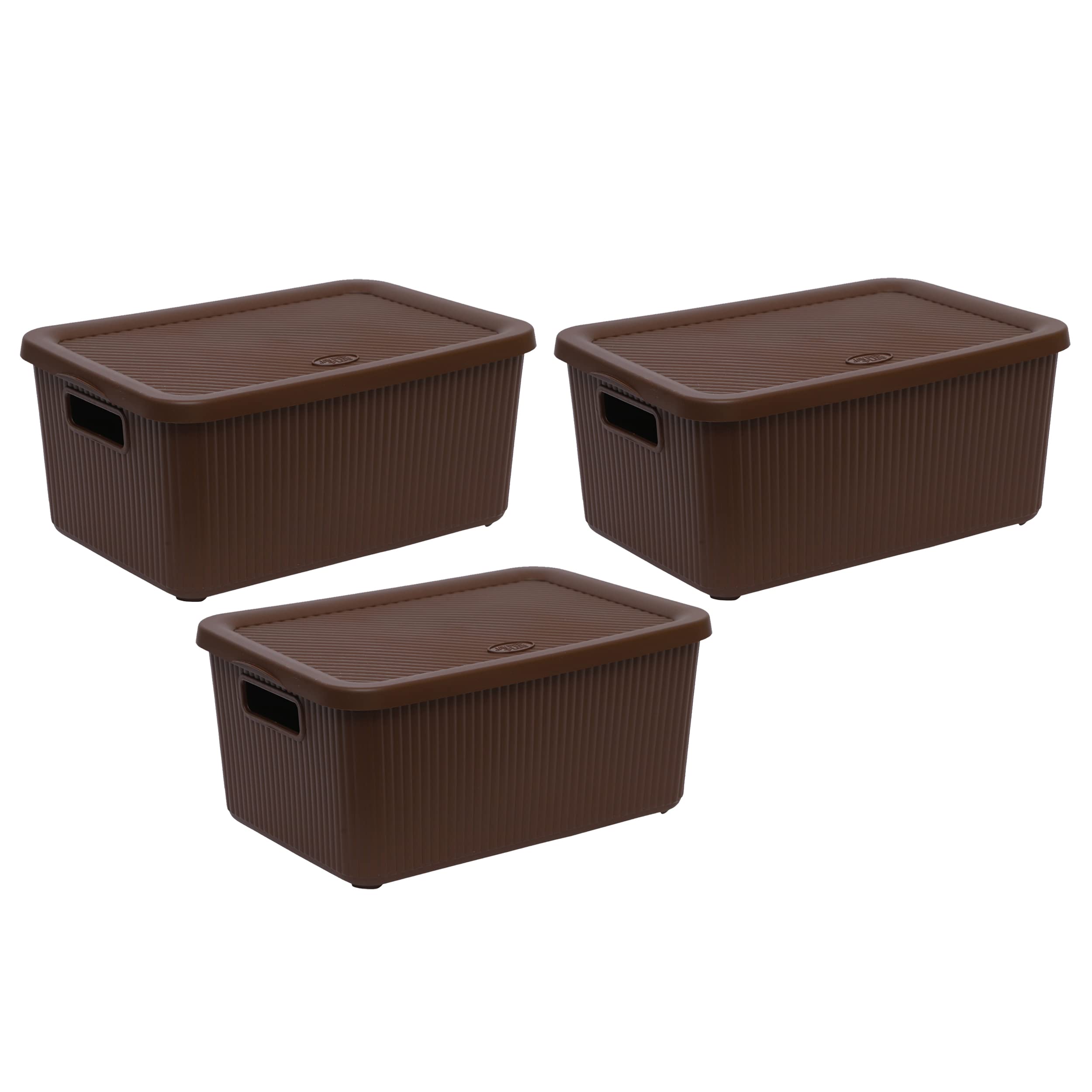 M1ss Brown Set Of 3-14L Litre Large Plastic Knitted Storage Basket With Lid, Storage Box Stackable Organiser Lidded Bin Box Large Rib Box For Nursery, Kids, Closet, And Many More (Brown)