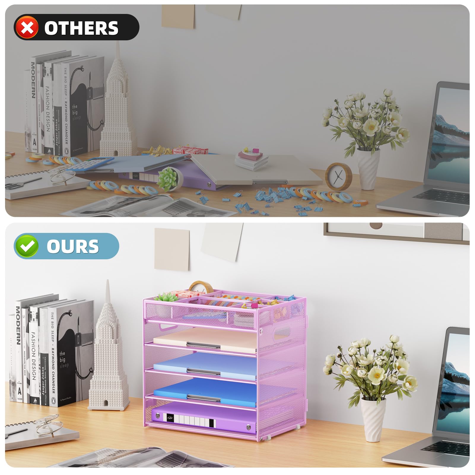 Marbrasse 5 Niveles Organizador de Escritorio de Malla,Bandeja para Papeles y Cartas con Compartimentos Ajustables y Asa,Bandejas Organizadora de Almacenamiento de Escritorio Documentos(Morado)