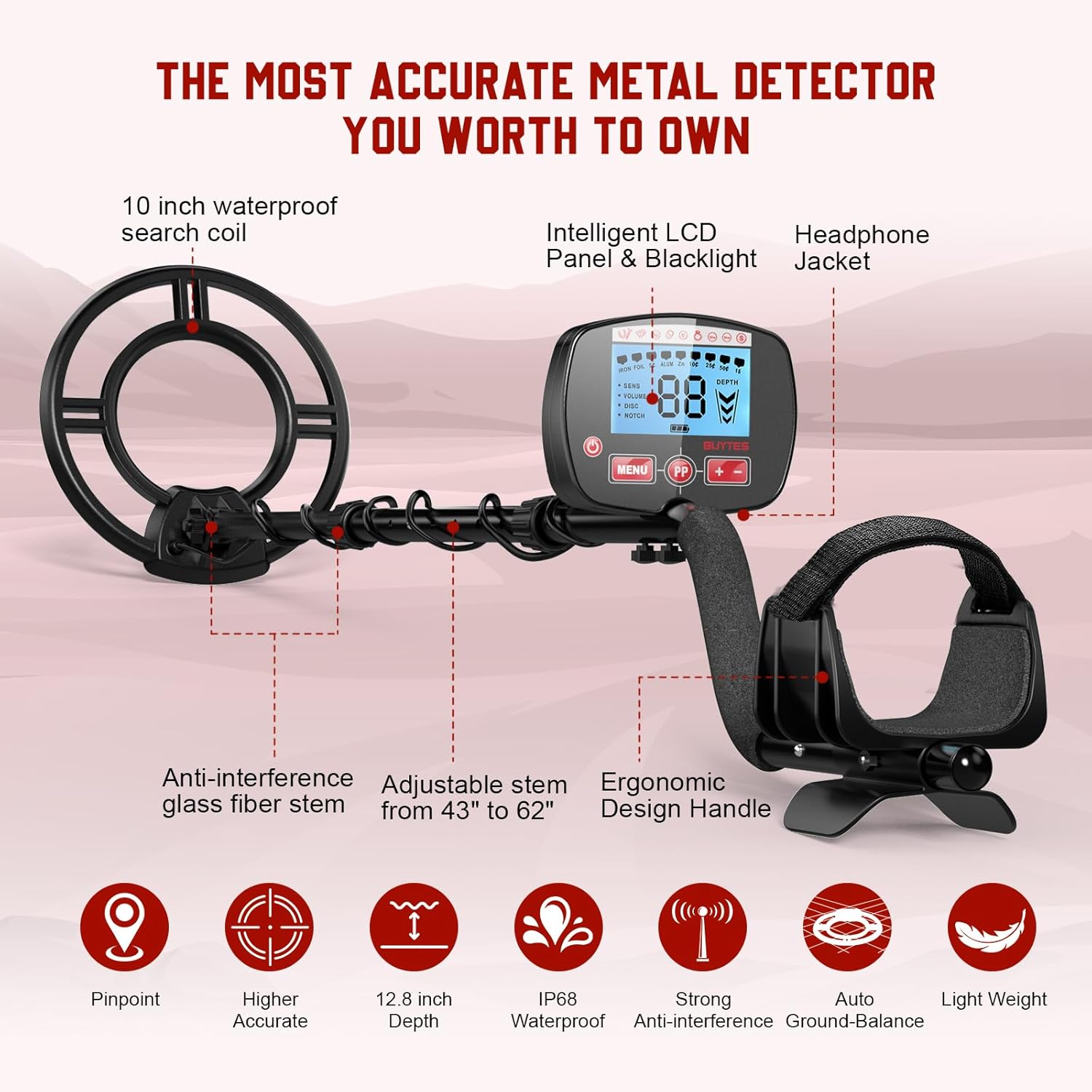 Metal Detector for Adults, Professional Higher Accuracy and Sensitivity, IP68 Waterproof Metals Gold Detector with LCD Display, 4 Modes, Upgraded DSP Chip 12.8” Detection Depth Metal Detectors