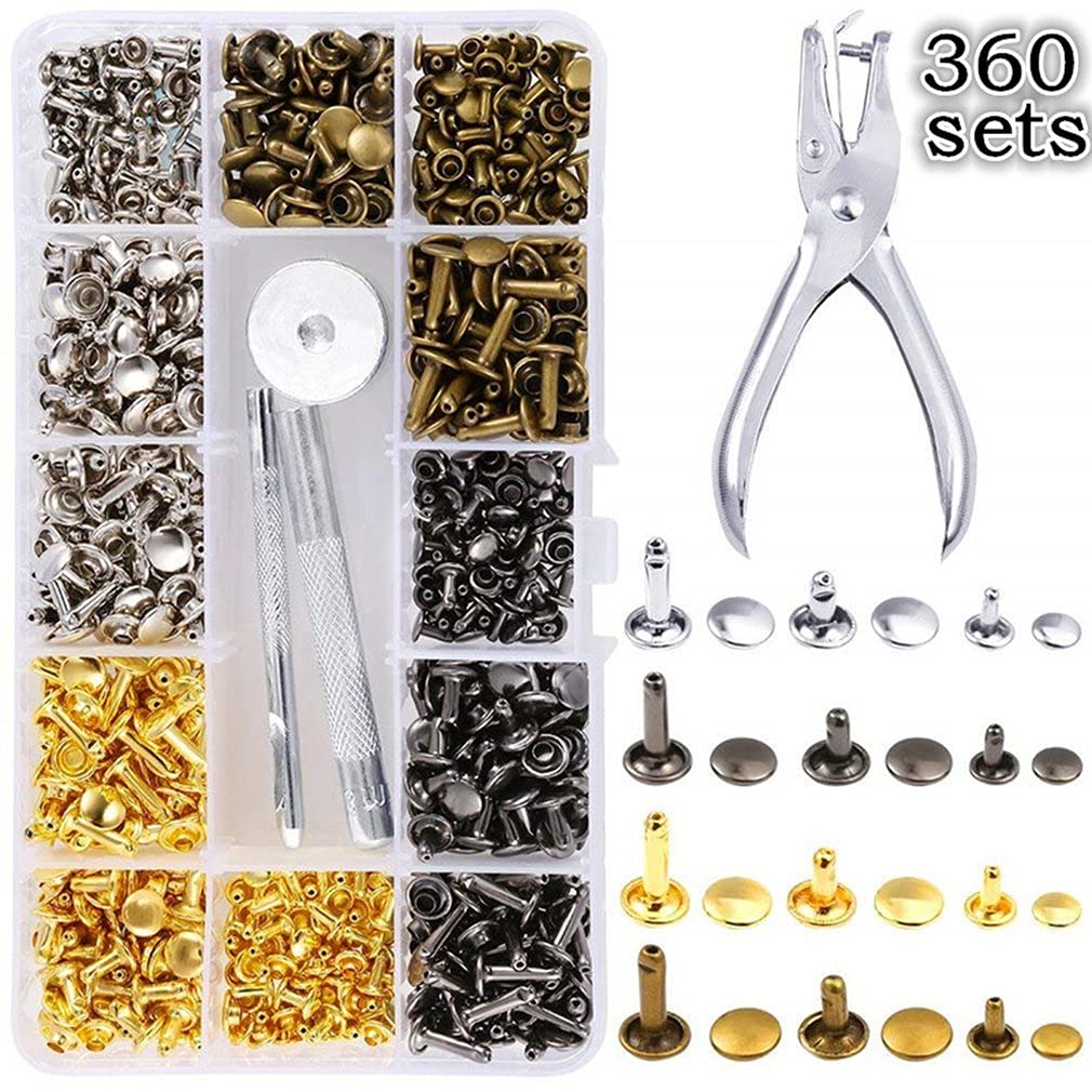 Remache de cuero de doble cara de 360 piezas con alicates de perforación Remaches de tapa doble de metal Espárragos redondos para bricolaje Bolsa de artesanía de cuero Ropa-Estados Unidos