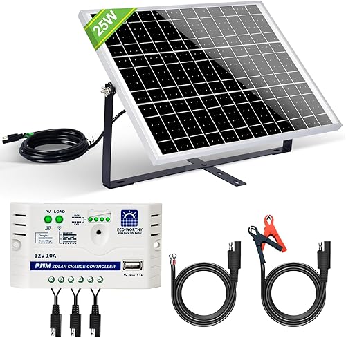 ECO-WORTHY 25 Watts 12V Off Grid Solar Battery Charger Kit: Waterproof Solar Panel + Adjustable Mount Bracket + SAE Connection Cable +10A Charge