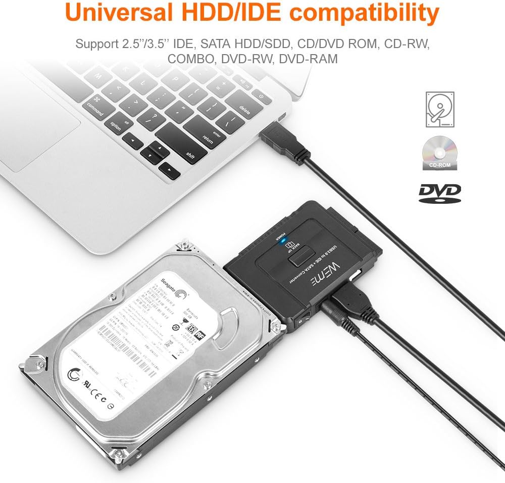 WEme USB 3.0 to SATA IDE Adapter with Universal 2.5" 3.5" Hard Drive Disk Converter for HDD SSD and IDE HDD, Support 12TB and One-Touch Backup, Include 12V 2A Power Adapter and USB 3.0 Cable for Laptop