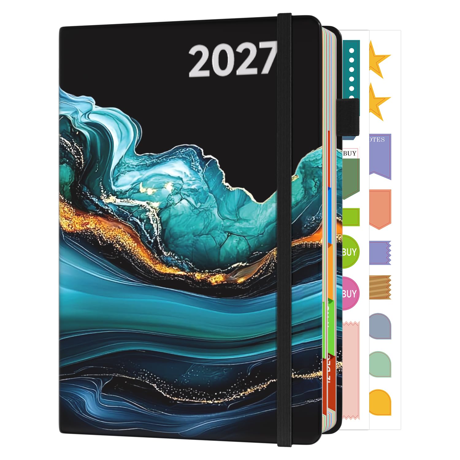 Sailingvan 2027 Diary A5 Page a Day January-December 2027, Faux Leather Agenda Monthly View Daily Planner with Colorful Tabs, Productivity Stickers, Elastic Strap, Pen Loop & Pocket (8.5'' x 5.8'')