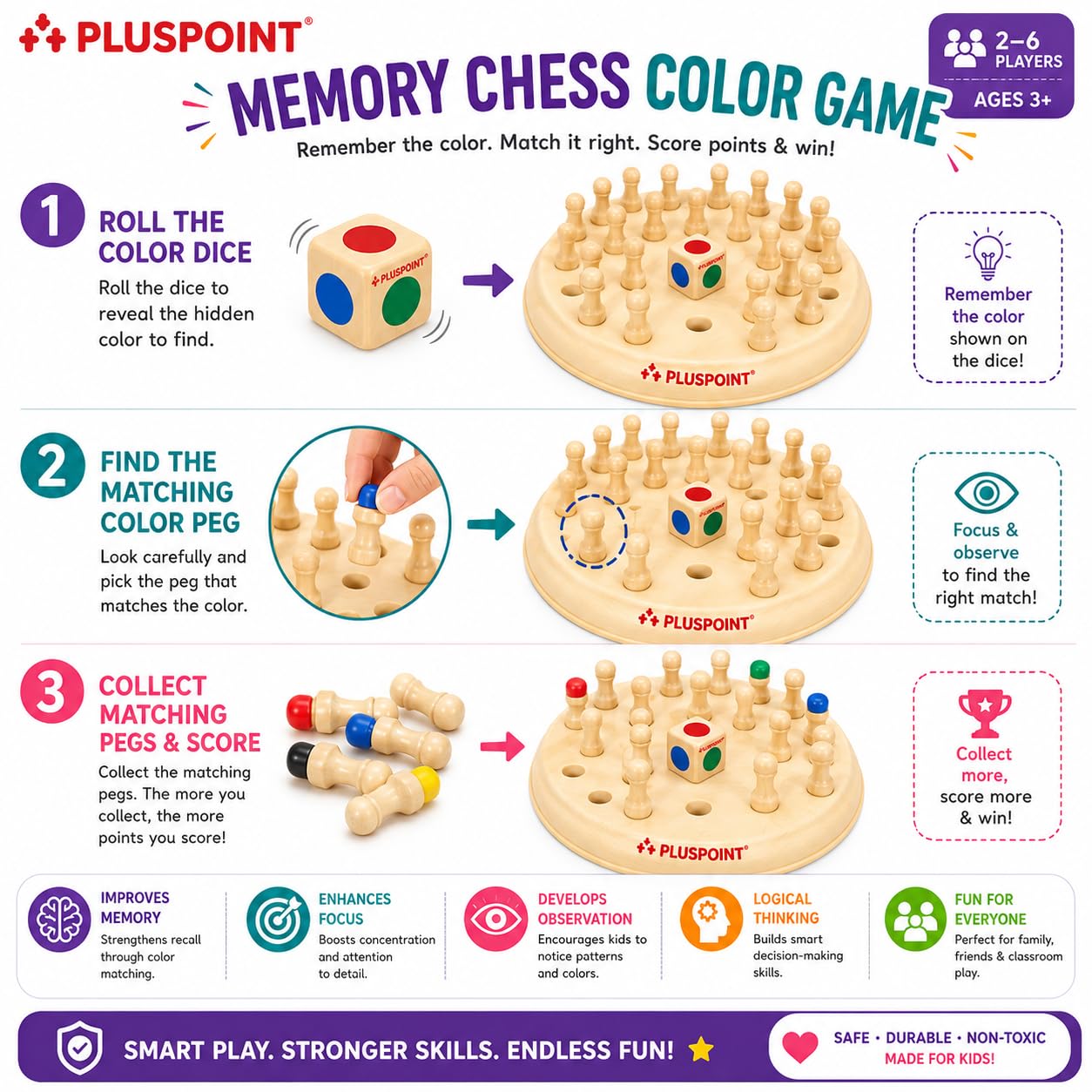 PLUSPOINT Memory Chess Game Color Memory Plastic Chess Block Board Colour Memorise Match Stick Chess Parent-Child Interaction Toy, Brain Teaser for Age 3 and Up and Kitty Party Games