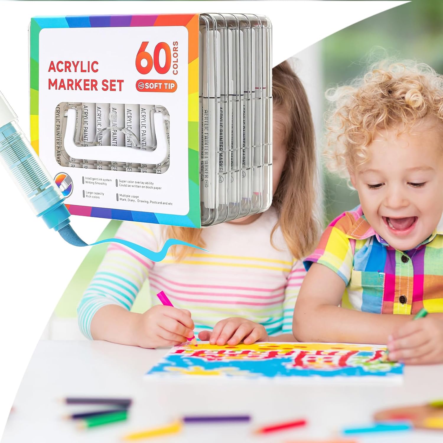 Acrylic Paint Markers - 60 Colors Double Head Long Lasting Pens | Acrylic Kids Markers for Coloring - for Students, Artist, Adult, Home, Travel, Daily, Craft, School, Workplace, Classroom, Drawing