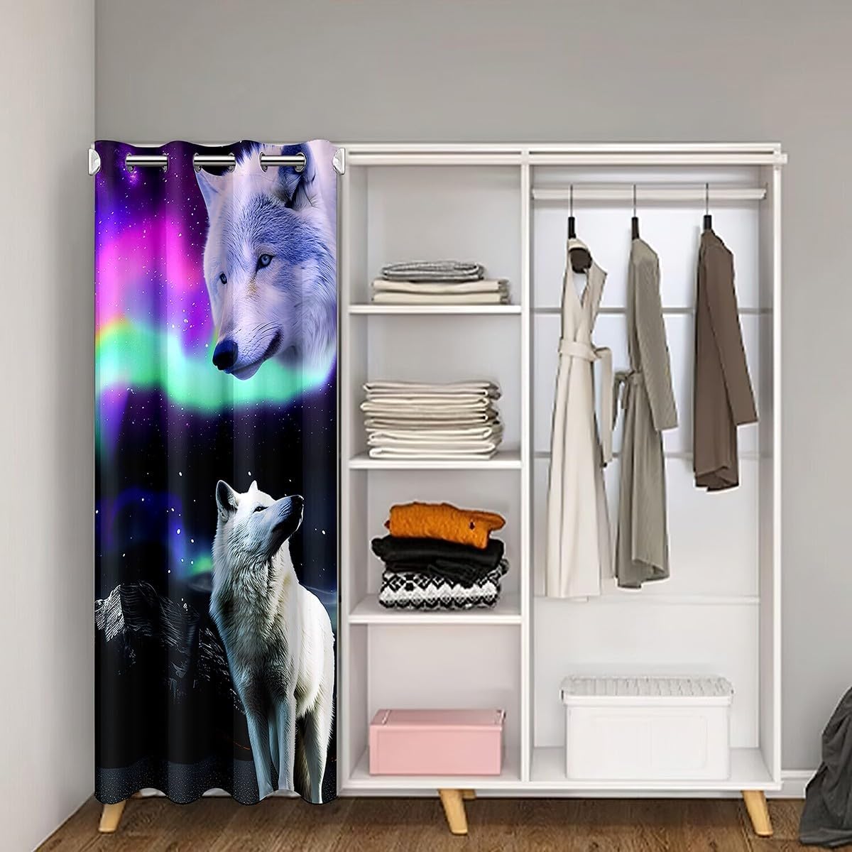 Wolf Door Curtain for Doorway Privacy 52"x80" Wolves Howling Closet Door Cover Curtain Animal Wolves Room Curtain Mountain Wolf Room Divider Curtain Cover Galaxy Purple Black White Window Treatments