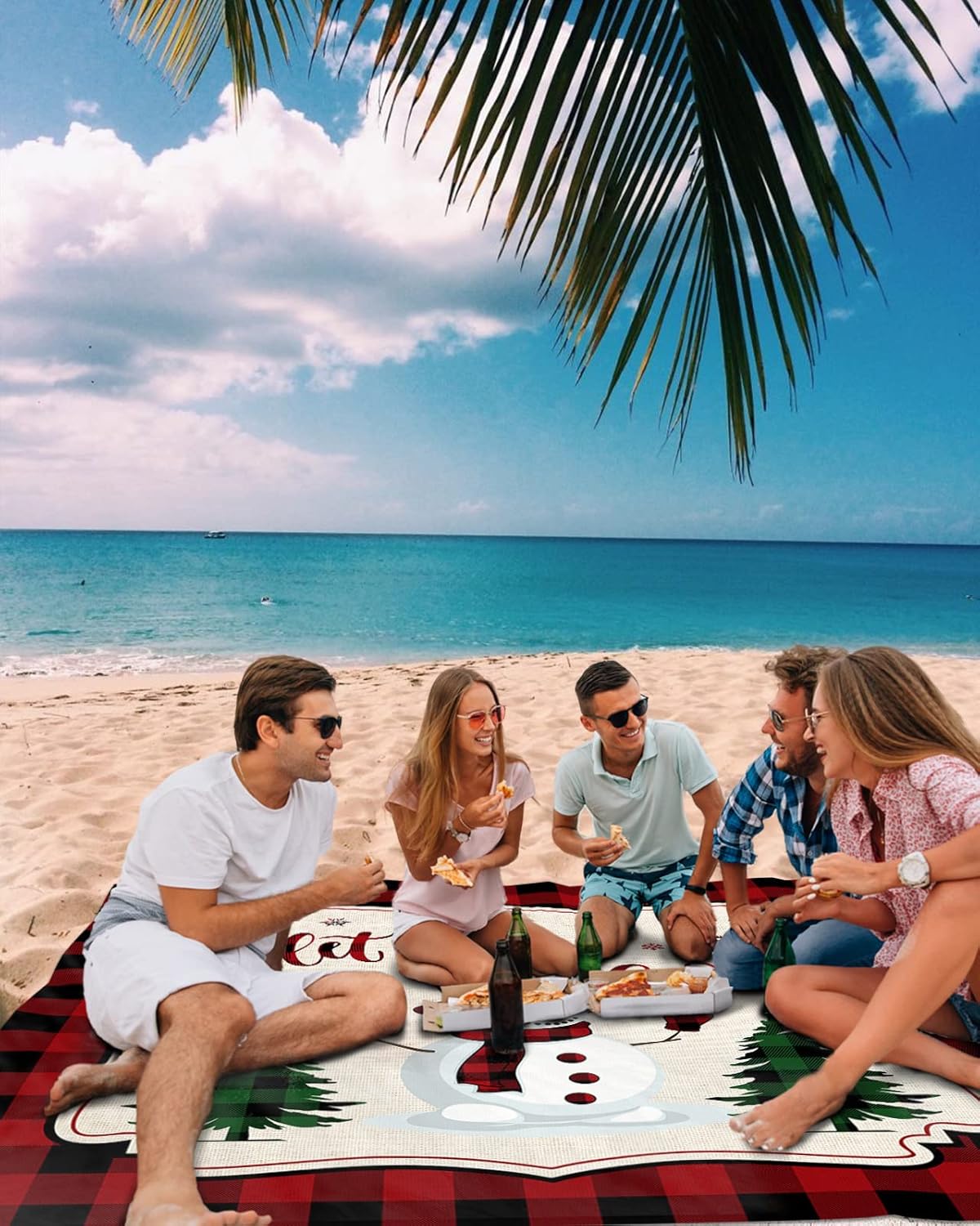 Christmas Topper Snowman Red Black Buffalo Plaid Hat Beach Blanket Waterproof Sandproof Outdoor Picnic Mat 83"x79" Xmas Tree Lightweight Large Beaach Blankets with 4 Stake & 4 Corner Pockets