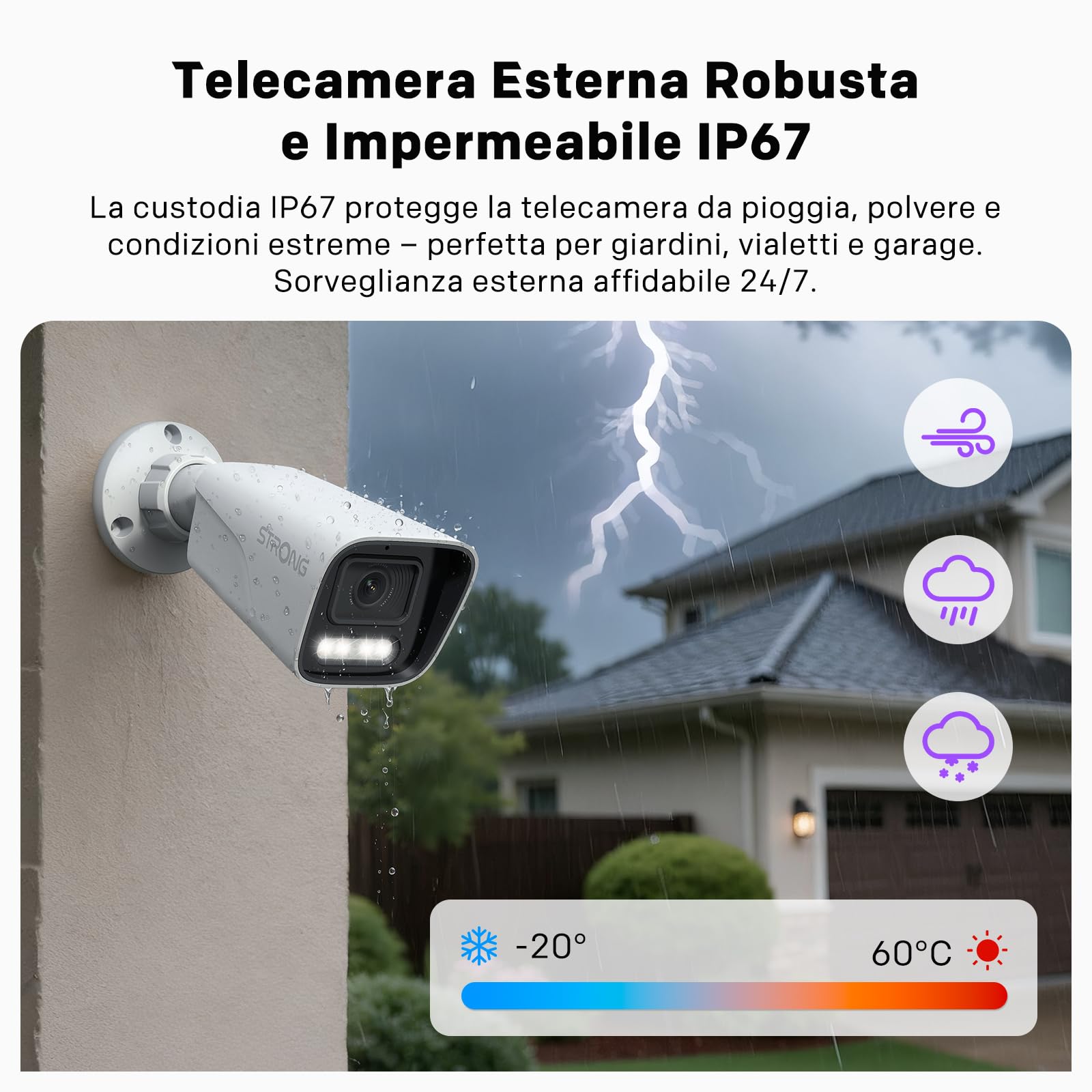 Strong Telecamera Esterna 3K 5MP, Sicurezza PoE con Rilevamento Movimento/Umano, Visione Notturna, Avvisi Veicoli, IP67 Impermeabile, Microfono Integrato, Registrazione NVR/Cloud, Controllo App