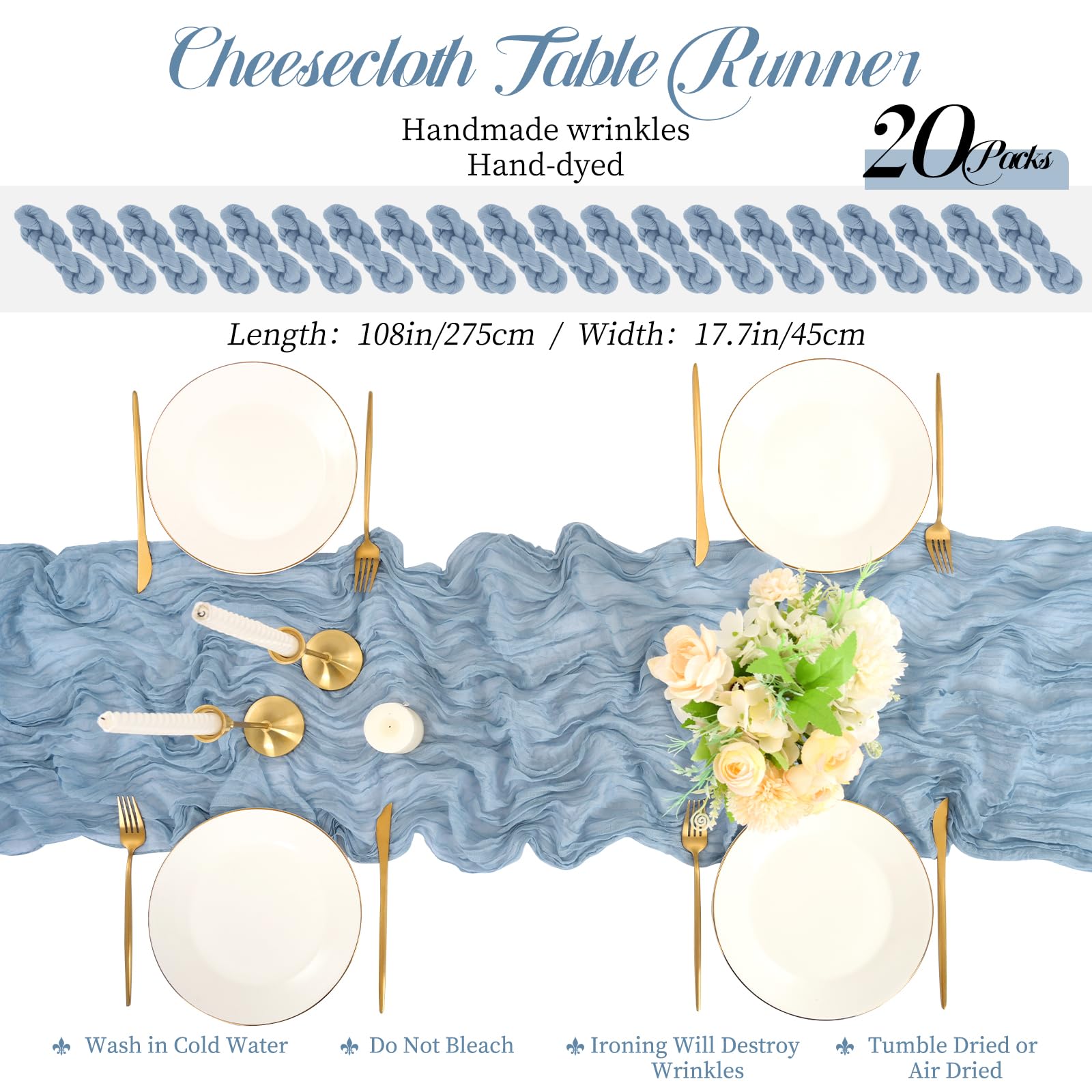 Teruntrue Pack de 20 Camino de Mesa Azul Polvo 45x275 cm, Gasa Transparente Boho para Boda, Ducha de Novia, cumpleaños, hogar, jardín, Granja
