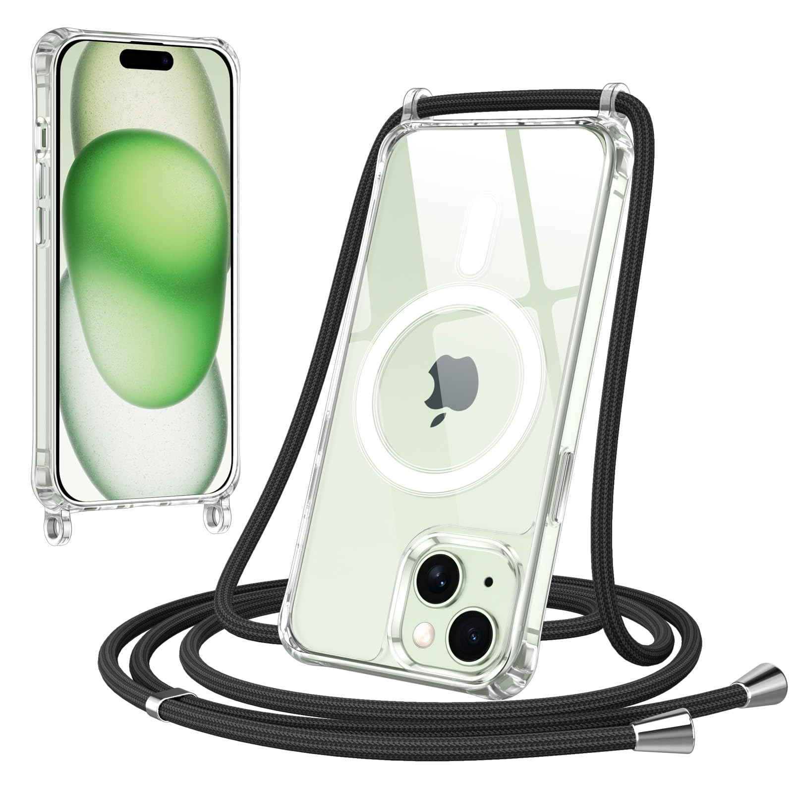 Magnética Funda con Cuerda para iPhone 15 Plus Carcasa, Compatible con MagSafe, Transparente Delgada TPU Silicona Anti-Choque Antiarañazos Protector Case con Ajustable Correa Colgante, Negro