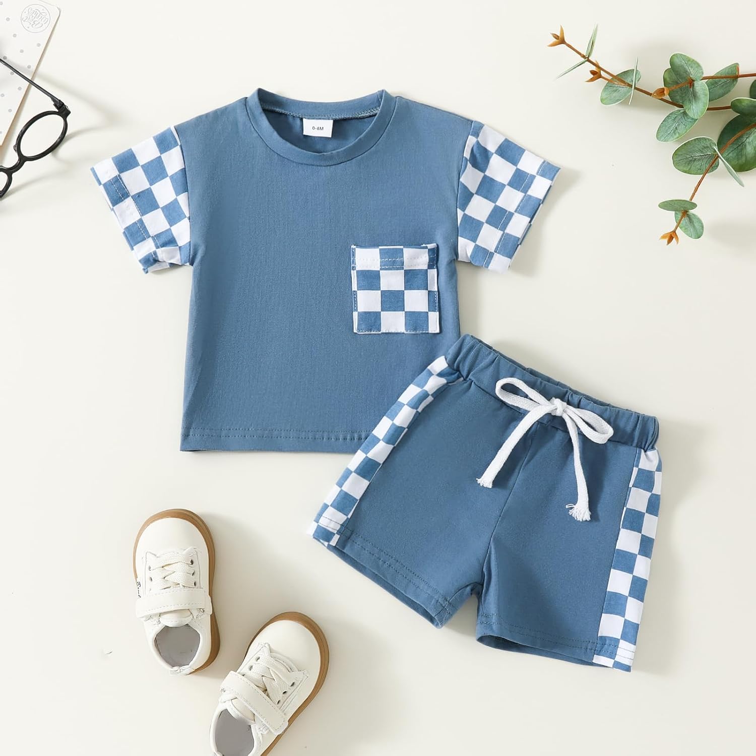 Sejardin Toddler Baby Boy Summer Clothes Plaid Patchwork Short Sleeve T Shirt Tops and Stretch Shorts Infant Boy Outfit - Image 2