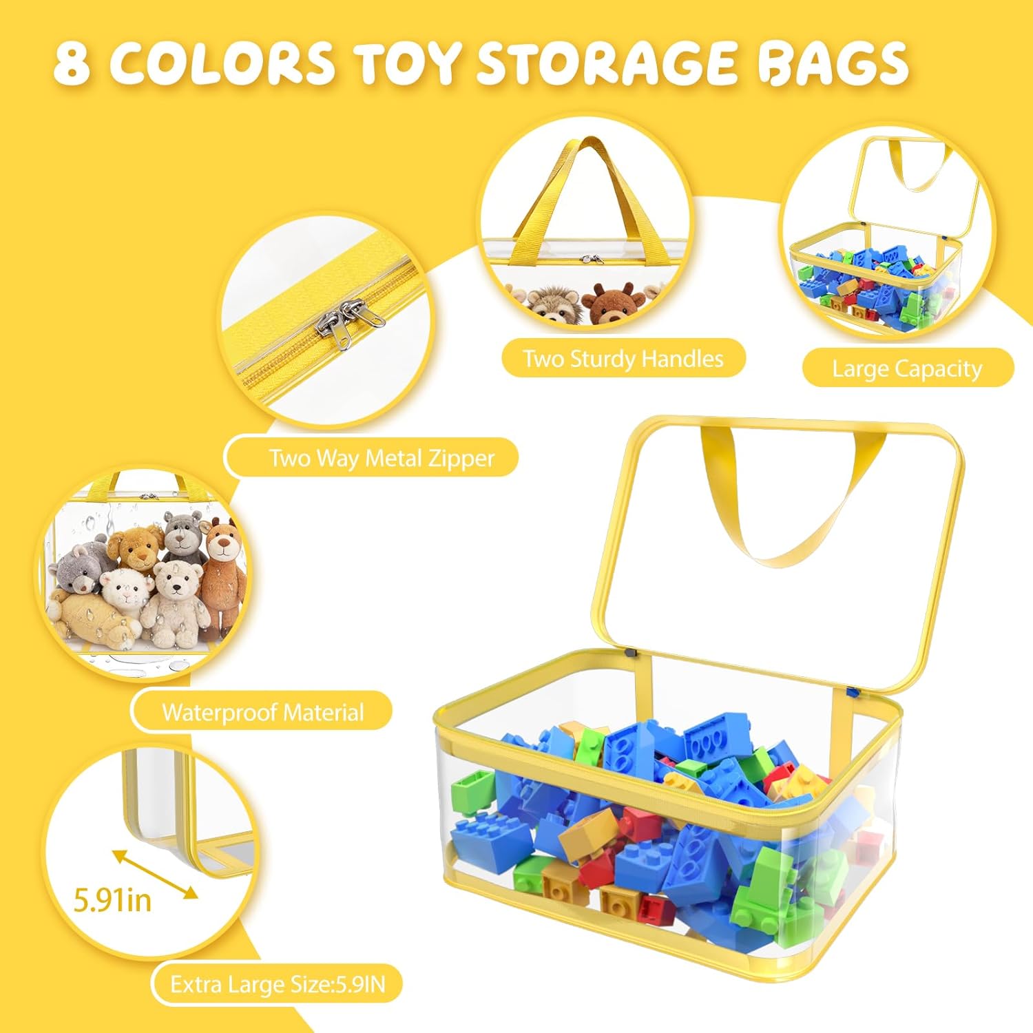 8pcs Extra large color Toy Storage Bags with Zipper and Labels, Clear PVC Waterproof Toy Organizers Bags for Board Games, Puzzles Pieces, Building Blocks, Handmade Accessories