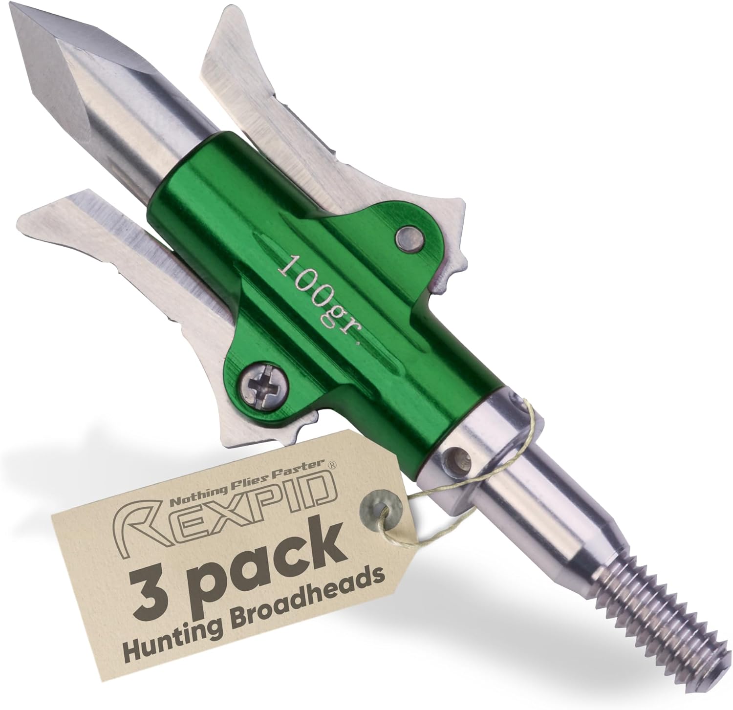 Rexpid III Mechanical Broadheads 100 Grain, 3 Pack - 3 Blades Hunting Arrows Heads, Open on Impact, 1-1/2” Cut Arrow Tip for Compound Bow, No Rubber Band Needed - Broadhead Case Included