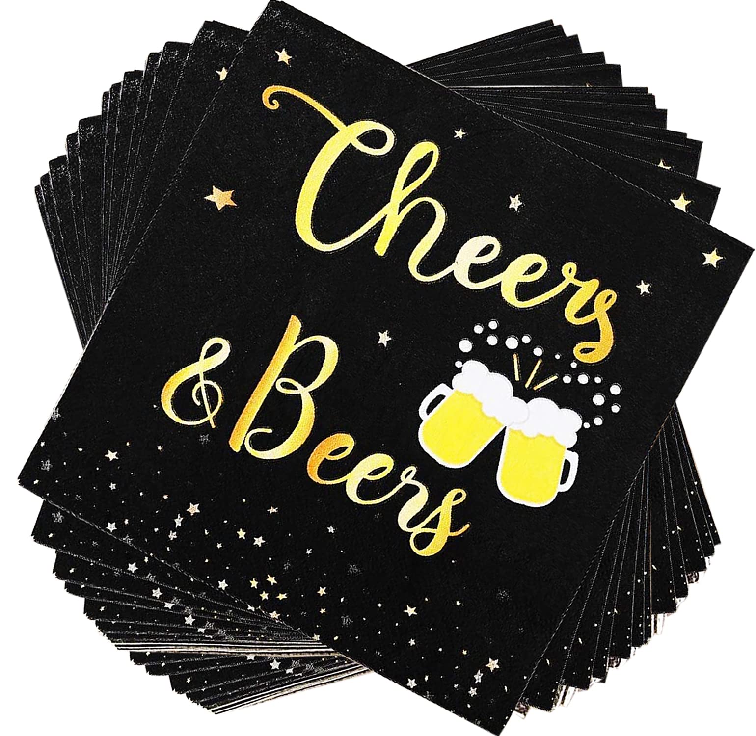 40 Pcs Cheers & Beers Napkins Cheers Beer Party Supplies Disposable Cocktail Napkins Black and Gold Foil Paper Napkins for 30th 40th 50th 60th 70th