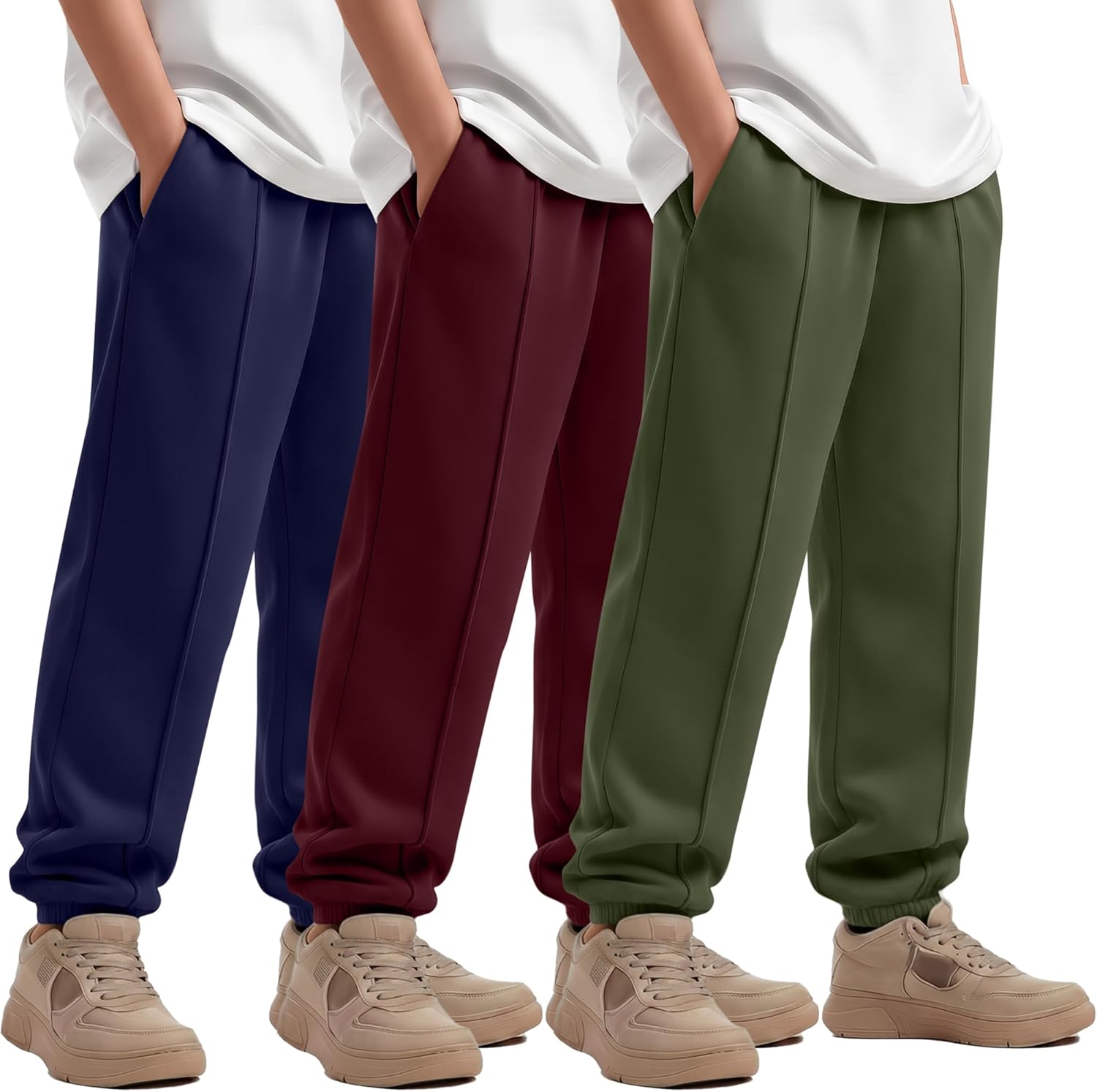 3 Pack Boys' Jogger Sweatpants Elastic High Waist Athletic Pants Casual Loose Active Joggers with Pockets