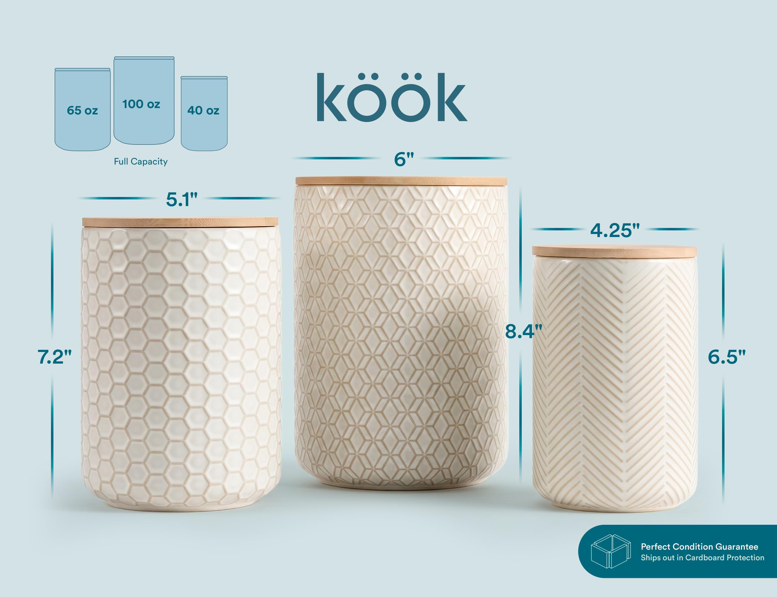 KooK Keramik-Aufbewahrungsbehälter, geprägte Vorratsdosen für Speisekammer und Badezimmer, mit luftdichten Bambusdeckeln, spülmaschinenfeste Steingut-Gläser (102 ml, 150 ml, 2,8 l, 2,8 l, 2,8 l, 3