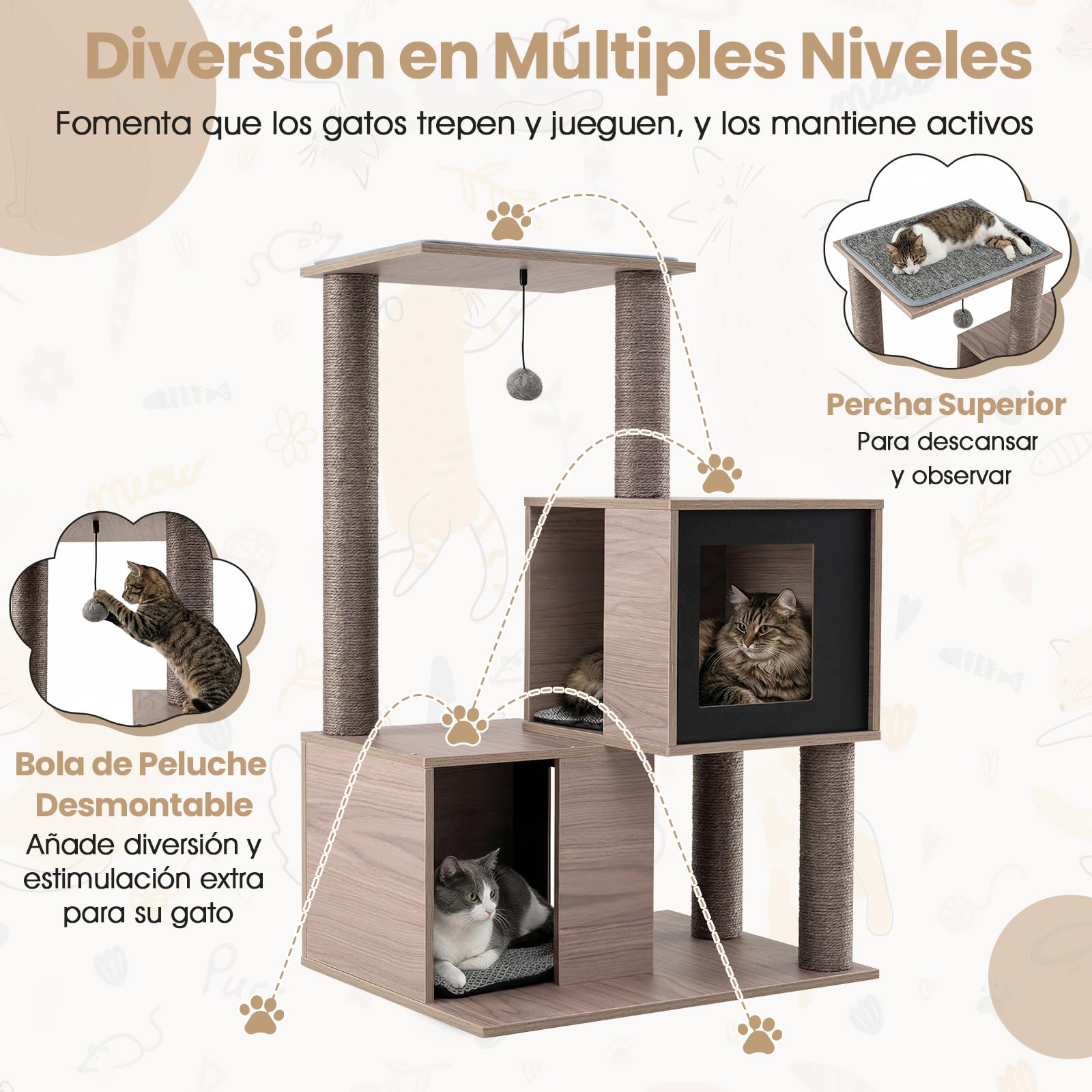 COSTWAY Mueble Rascador para Gatos, 93 cm Torre de Gatitos de Madera Multinivel con Poste Rascador de Sisal, Condominios, Percha, Cojines y Alfombrilla Extraíbles, Árbol Rascador para Gatos
