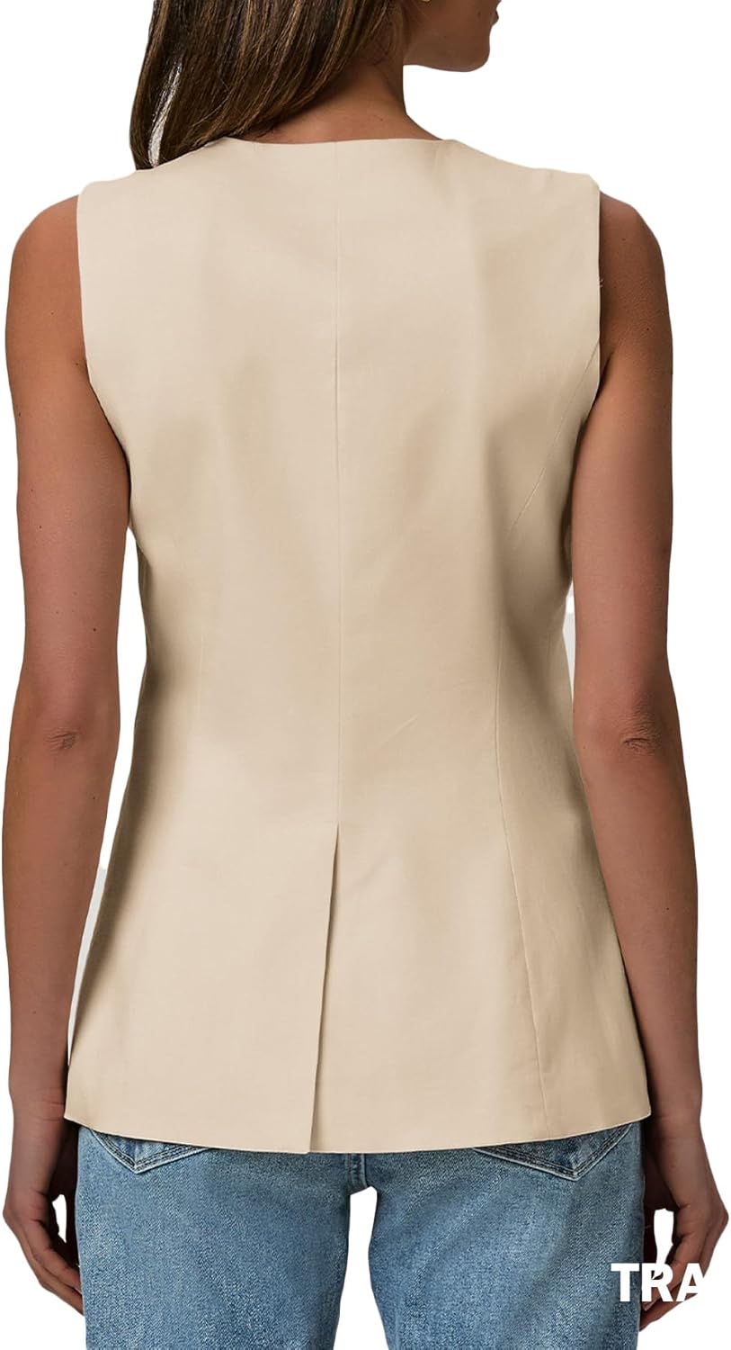 Mina Self 2026 Summer Women's Linen Sleeveless Vest Tops Blazer - Lightweight Fully V-Neck Casual Trendy Work Jacket Pockets - Image 4