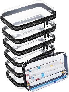 6PCS Clear Hard Shell Zipper Case Plastic Clear Pencil Case Hard Shell Zipper Pouch for Stationery Travel Toiletry Makeup Cosmetics Organizer Storage Box, Black