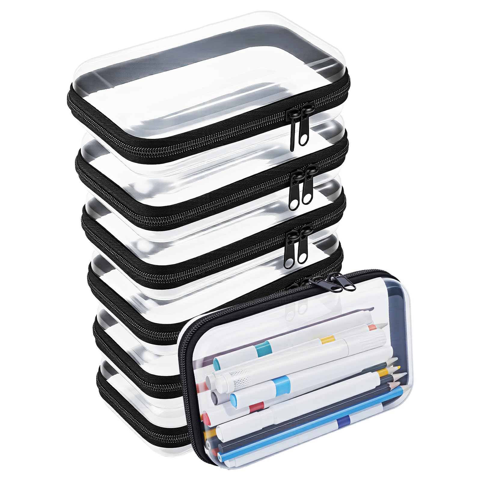 DELORIGIN 6PCS Clear Hard Shell Zipper Case Plastic Clear Pencil Case Hard Shell Zipper Pouch for School Stationery Travel Toiletry Makeup Cosmetics Organizer Storage Box, Black