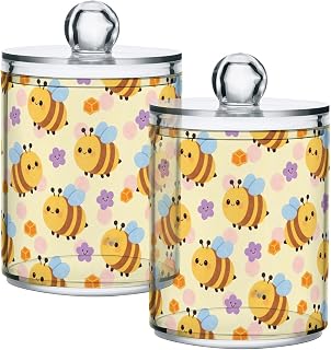 Cartoon Cute Bee Flower Clear Plastic storage container with lid Dresser Essentials Decorative storage bin for Cotton Swabs,Cotton Pads,Floss Picks,Paper Clips,Hair Clips 2 Pack