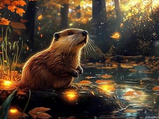 TUTUMAY21 Diamond Art Kits for Adults Frameless Autumn Maple Leaf Riverside Beaver 5D Diamond Painting Kits for Adults Beginner, Round Diamond Kits for Home Wall Decor 12x16 inch