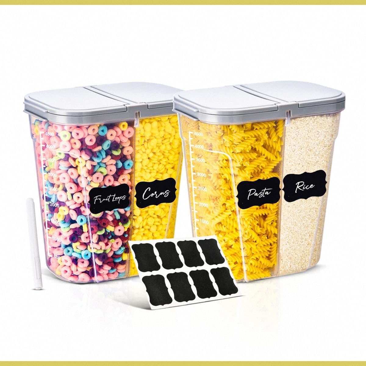 2.6 Liter BPA free Cereal Storage Containers 2-in-1 Box, Plastic Food Storage Container with Airtight lids, Durable, Stackable Kitchen Dispenser for Cereals Pack of 2