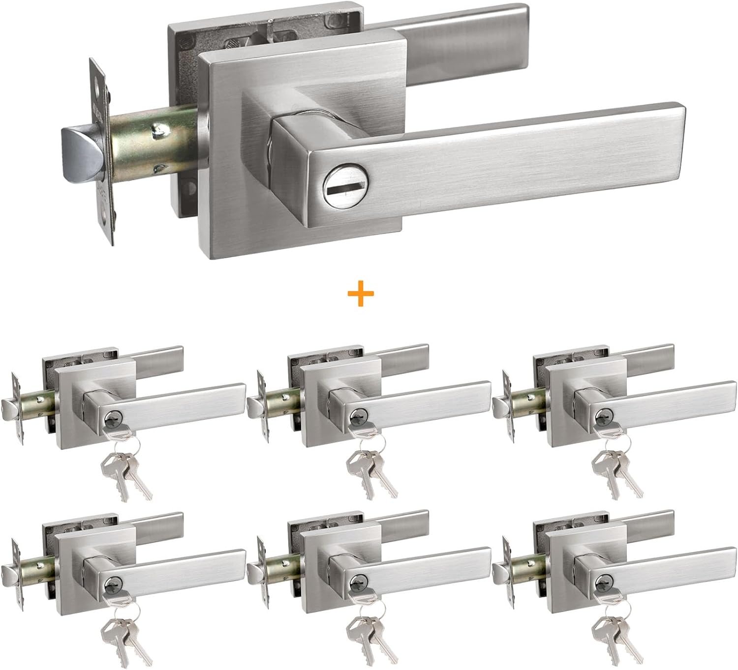 1 Pack Privacy + 6 Pack Keyed Entry Door Lever in Brushed Nickel Finish