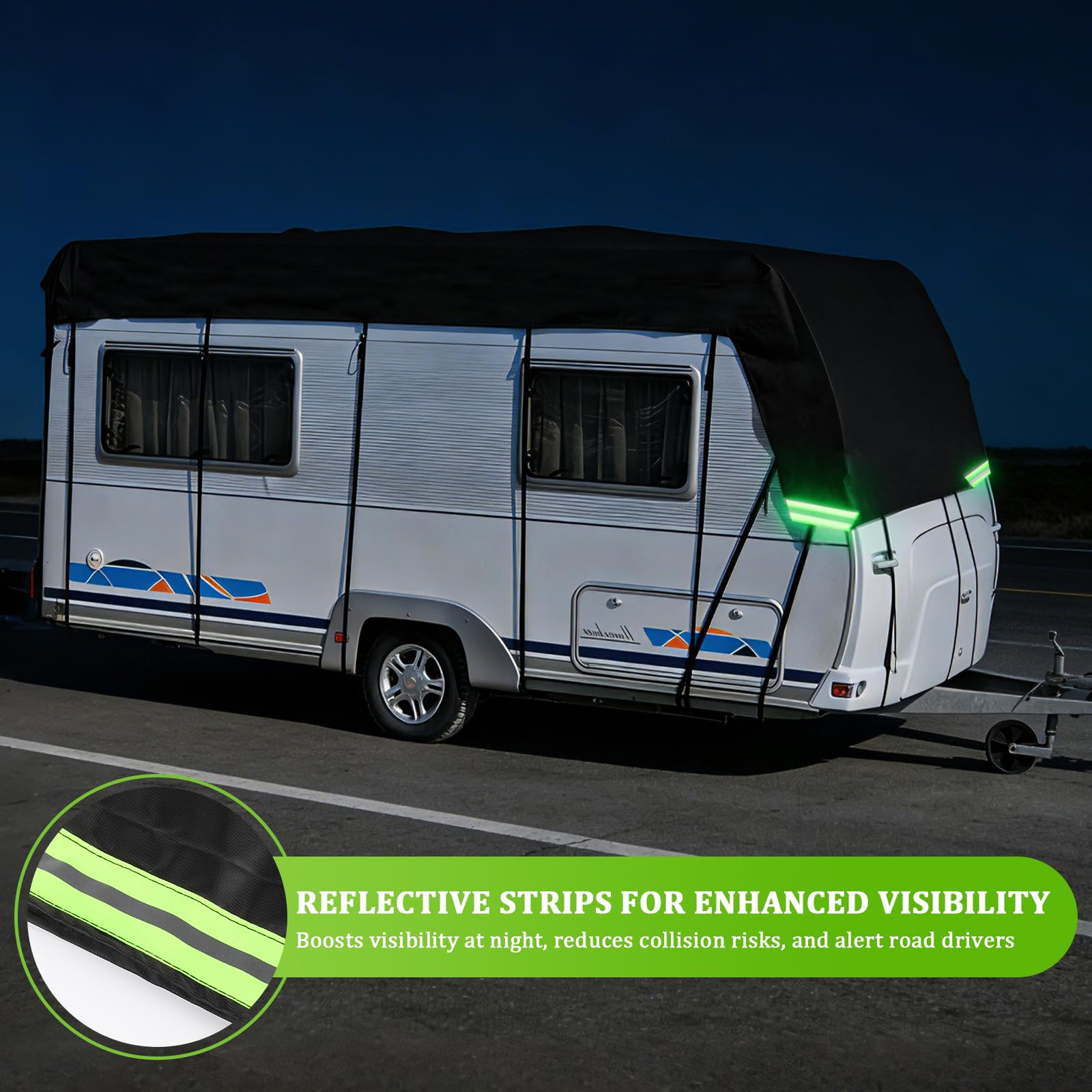 EXLECO Wohnwagen Abdeckung 5,5 x 3 m Wohnmobil Abdeckplane Wasserdicht Sonnenbeständig Wetterbeständige Schutzhülle Reisemobil Dachschutzplane 210D Oxford Gewebe, Dachabdeckung mit Reflektorstreifen