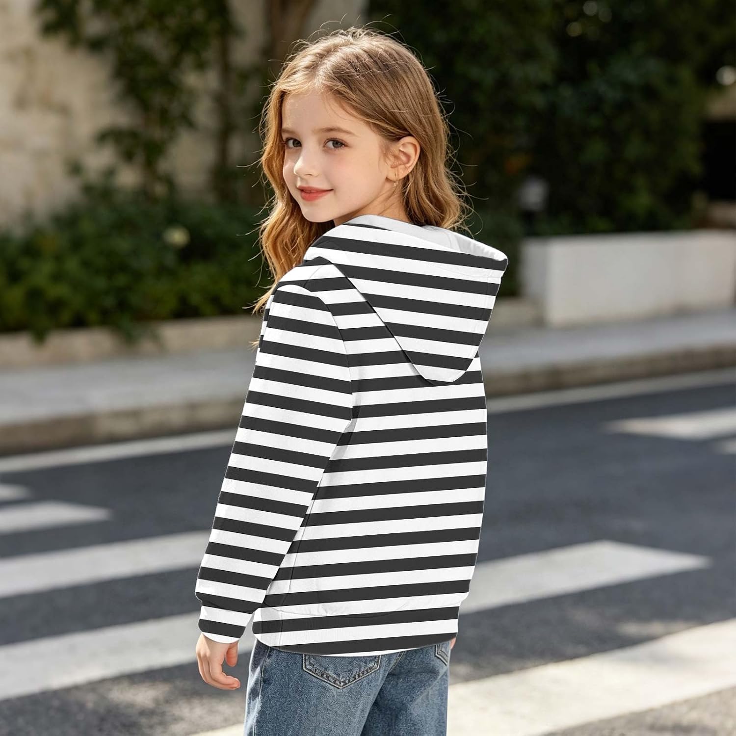 Girls Striped Fleece Hoodie Pullover Winter Sweatshirt