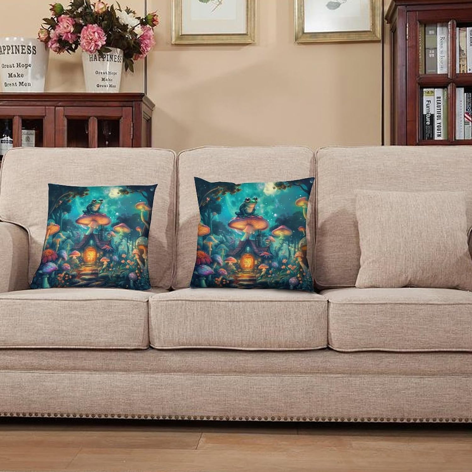 2 Packs Forest Fantasy Throw Pillow Covers for Living Room, Mystical Mushroom Cottage Frog Pillow Covers Cushion Case for Couch Sofa Bed, 20x20 inch
