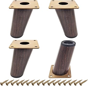 4 Inch Mid Century Modern Furniture Legs - 4 Pack Solid Wood Tapered Legs in Walnut Finish Replacement Sofa Legs for Couch, Bed, Dresser, TV Stand, Cabinet Hardware Included