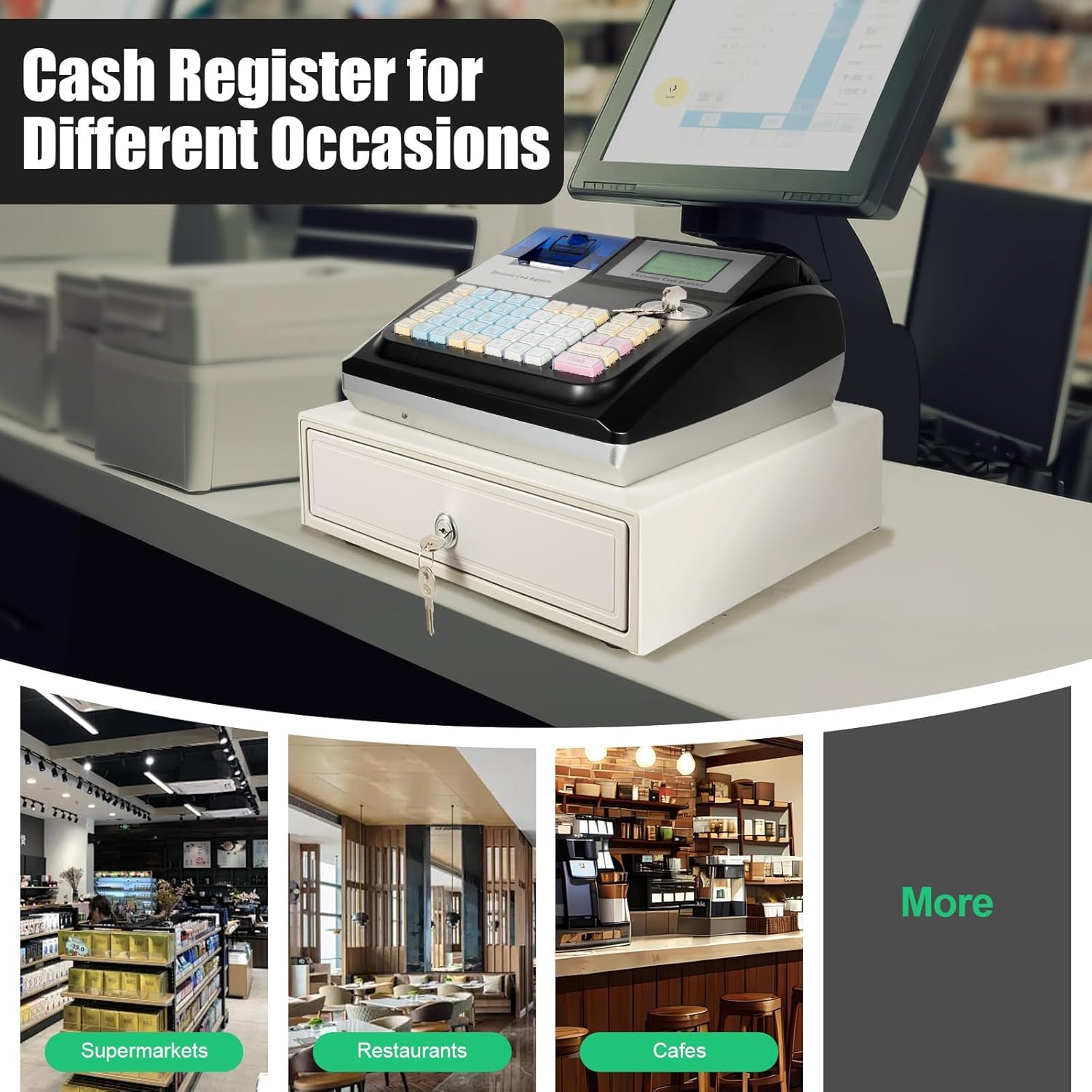 Caja Registradora Electrónica De 48 Teclas para Pequeños Negocios, Pantalla Led Profesional, Impresora Térmica De Recibos, Sistema Tpv Compacto con Cajón, Ideal para Comercios Y Restaurantes.