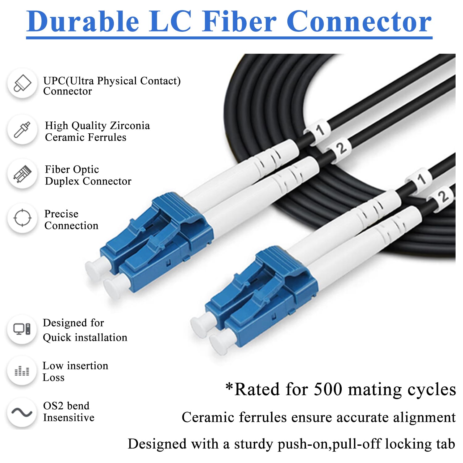 20m (65.6ft) Armored Fiber Optic Cable, LC/UPC to LC/UPC Low Friction, LSZH Black, 3.0mm Single Mode Duplex OS2 9/125μm with Adapter Coupler,Suitable for Indoor and Outdoor