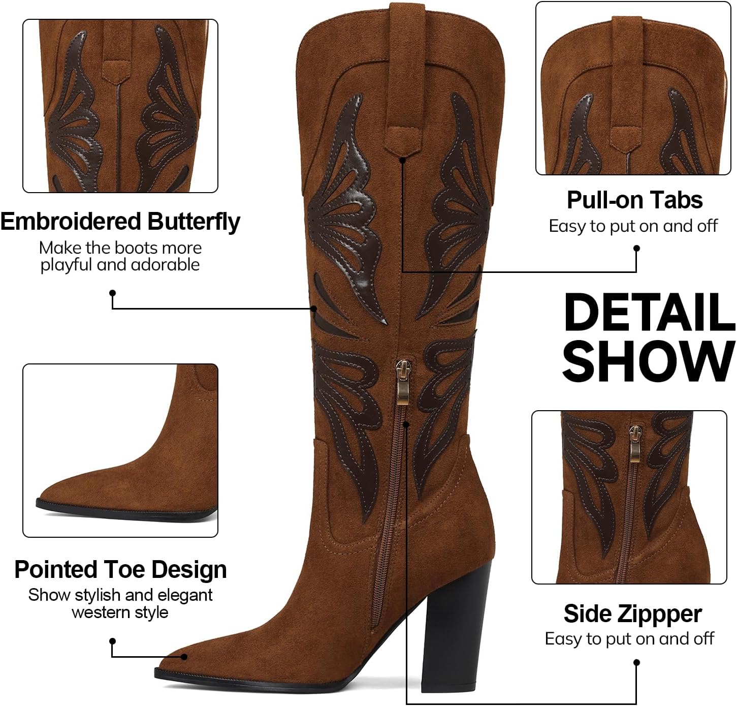 VOMIRA Cowboy Boots for Women Pointed Toe Chunky High Heels Butterfly Cowgirl Boots Wide Calf Knee High Boots Bridal Wedding Western Boots - Image 5