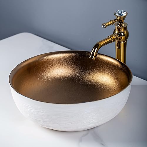 Miniatura 3 de Jingdezhen - Fregaderos de baño de oro blanco de 16 pulgadas de ancho, cuenco redondo de cerámica tallada a mano, 1 fregadero solamente