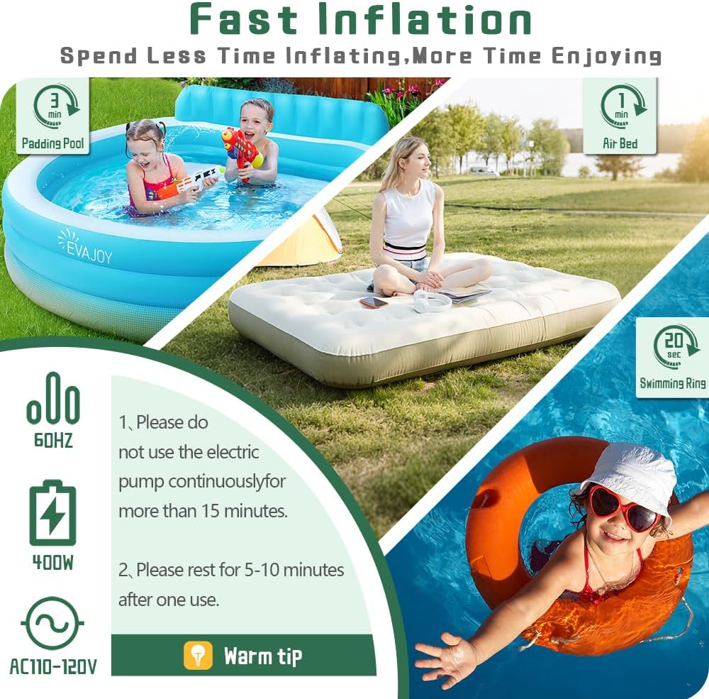 Electric Air Pump for Inflatable Pool Toys, High Power Air Mattress Inflator Deflator Pump for Pool Float Raft Gymnastics Track Mat, AC 110-120V Quick-Fill Inflator
