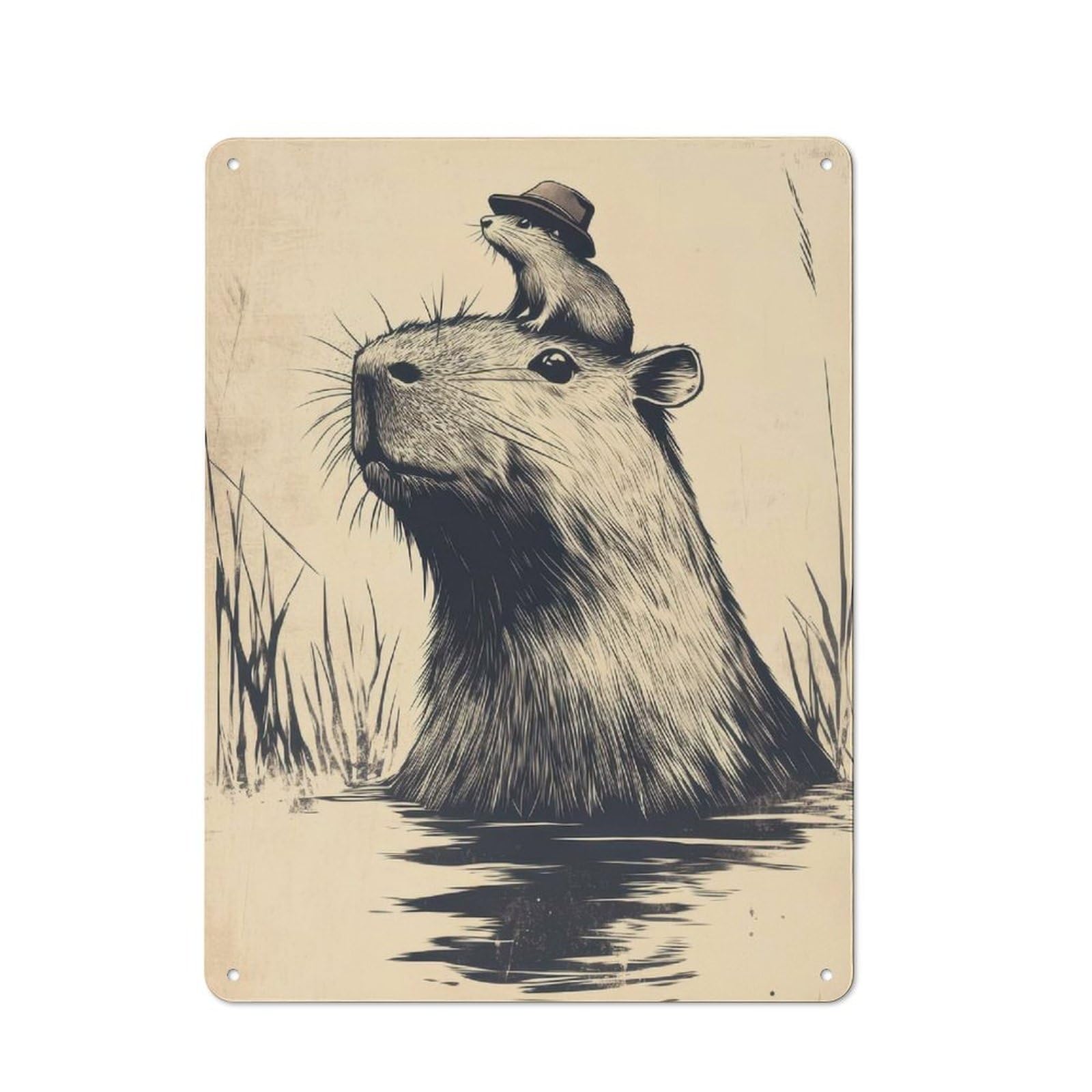 Junmoney Capybara With Hat And Friend 40X30cm Rustic Tin Sign With For Garage Or Workshop, For Vintage Wall Decor Fans, For Kitchen And Home Bar Decor