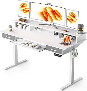 WALKINGDESK Height Adjustable Desk with Keyboard Box, 140 x 60 cm Electric Computer Desk with 2 Drawers, Height- and Sinkable Stands with Display Stand Ergonomic Stand, White
