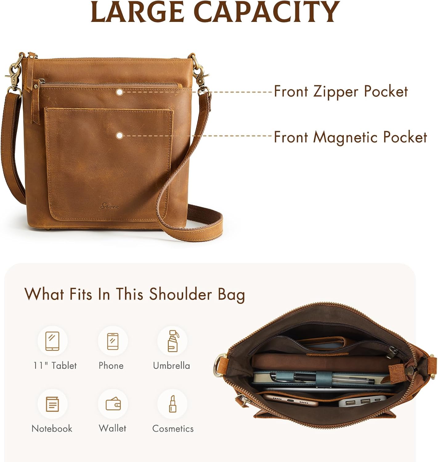 S-ZONE Leather Crossbody Bag for Women Vintage Cross Body Bags Shoulder Purse Ladies Medium Handbag with Multi Pockets - Image 5