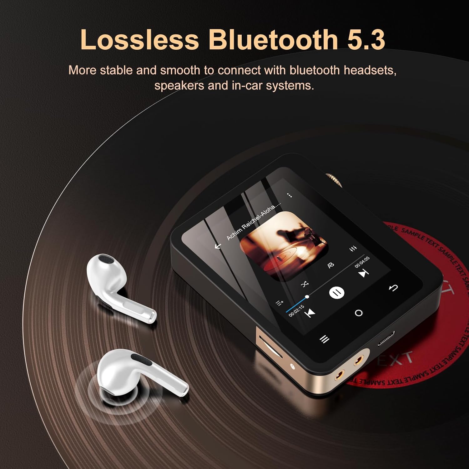 Fanvace MP3 Player connected via Bluetooth to earbuds.