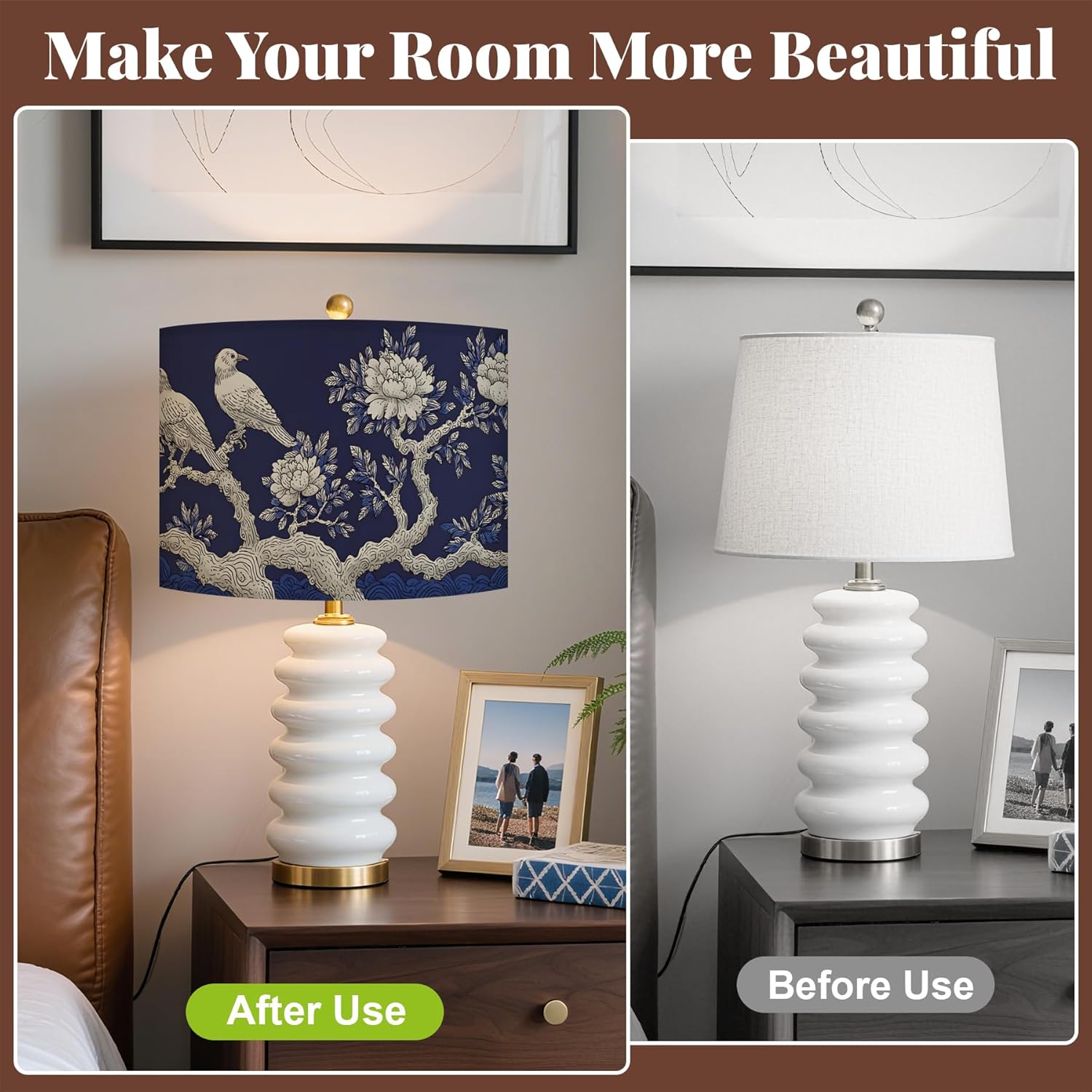 Table Lamp Shade, 13”W x 10”H HD Printing Geometric floral leaves marble Lampshade, Lamps shades, Modern Lampshade Decor for Table and Floor Lamps (blue, 13”W x 10”H)