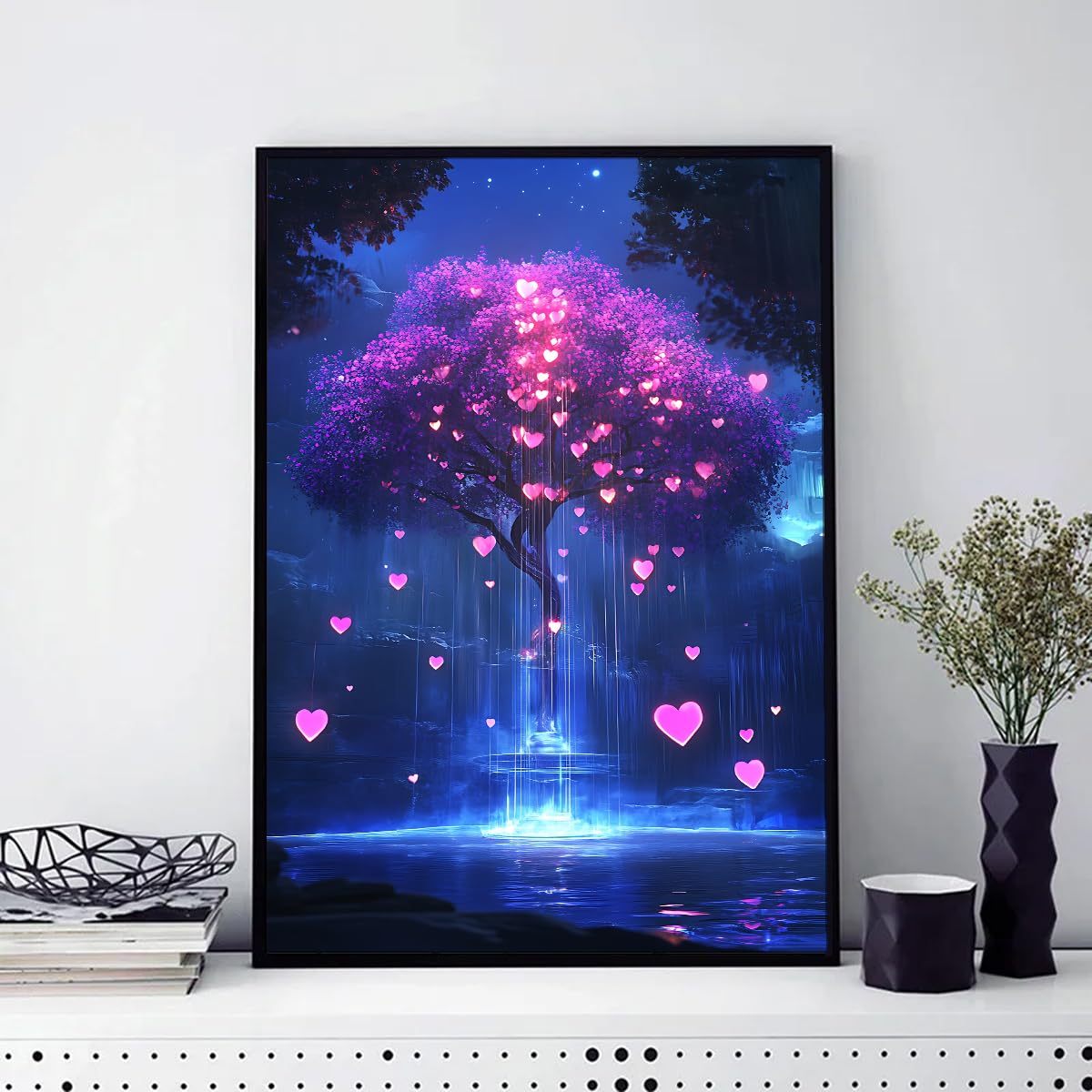 Via Vela Arbre romantique Toile Art mural Fantasy Paysage nocturne Affiches Peinture Amour Coeur Impressions Paysage mystique Murale Oeuvre pour salle d’étude Décor 80x120cm avec cadre noir