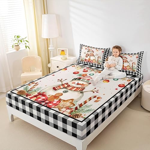 Miniatura 3 de Manfei Juego de sábanas bajeras con diseño de muñeco de nieve de tamaño matrimonial, 3 piezas para decoración de habitación de niños y adultos,