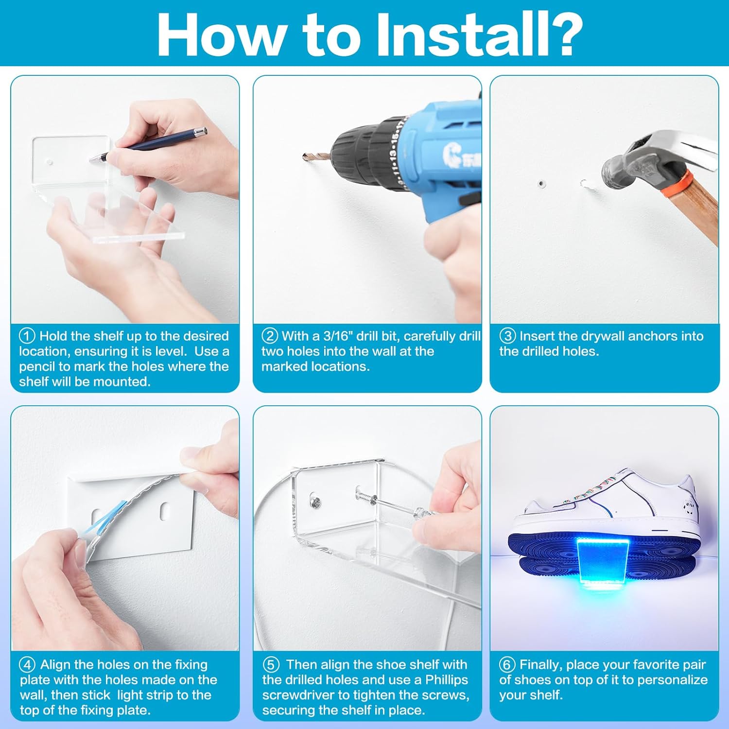 DILIBRA Set of 6 Floating Shoe Display Shelf with Lights, Glow Color Changing Clear Acrylic Shoe Shelf for Wall, Levitating Sneaker Shelves Wall Mount for Display Your Top Shoes Collection