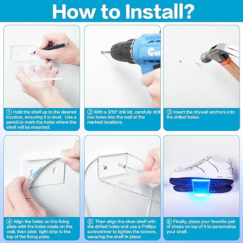 Miniatura 7 de DILIBRA Paquete de 12 estantes flotantes de exhibición de zapatos con luces, estantes de exhibición de zapatos que cambian de color brillante para