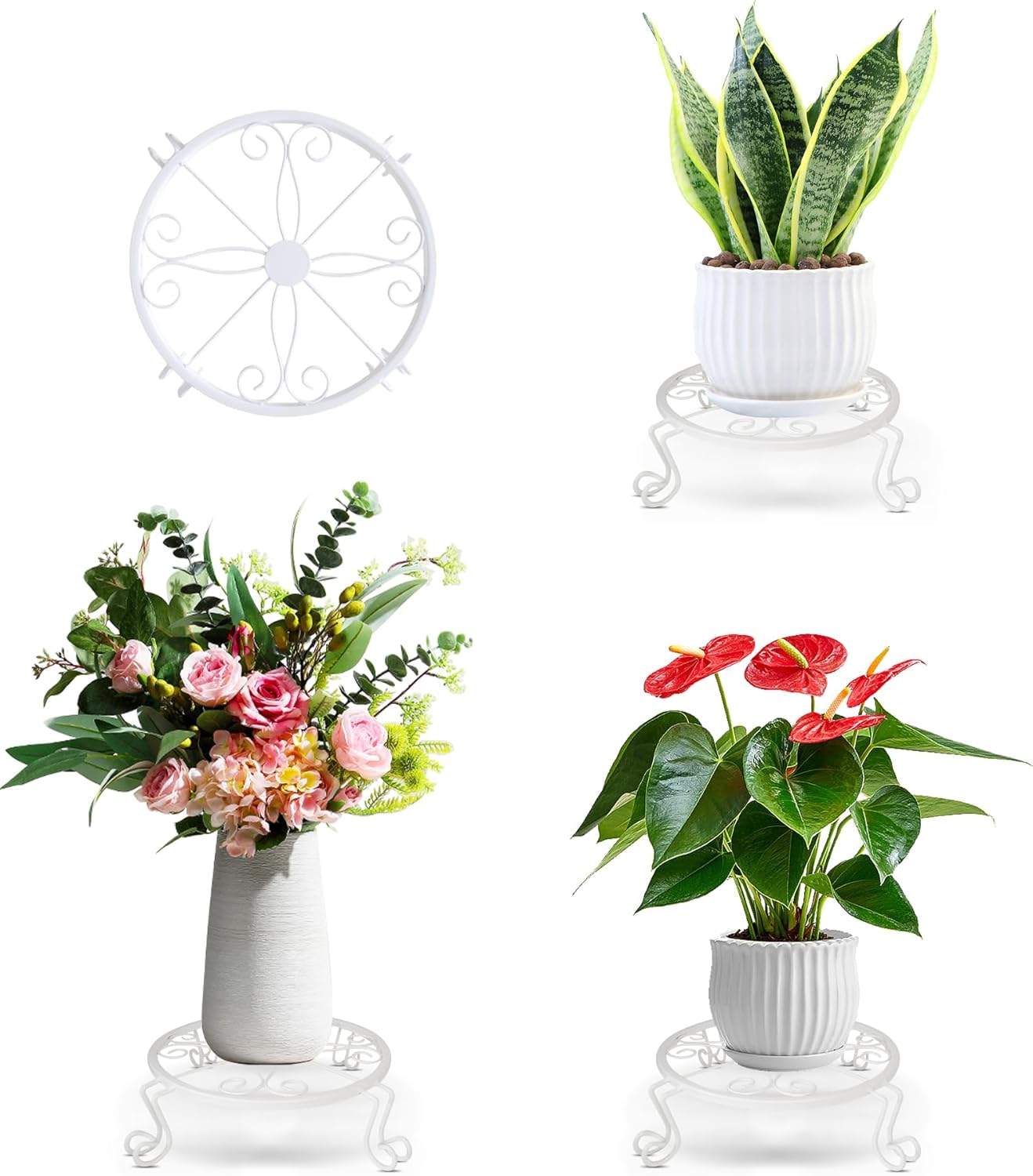 3 Pack Metal Plant Stands for Flower Pot Heavy Duty Iron Potted Stand Holder Indoor Outdoor Rustproof Garden Container Round Supports Rack for Home Garden Decor, White